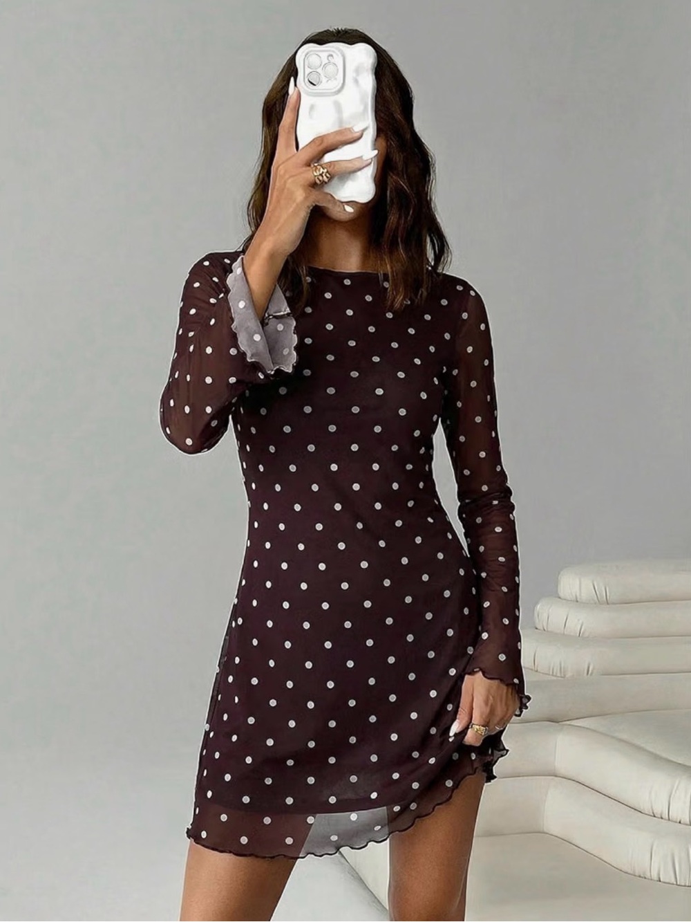 Polka Dot Long Sleeve Mini Dress - Brown